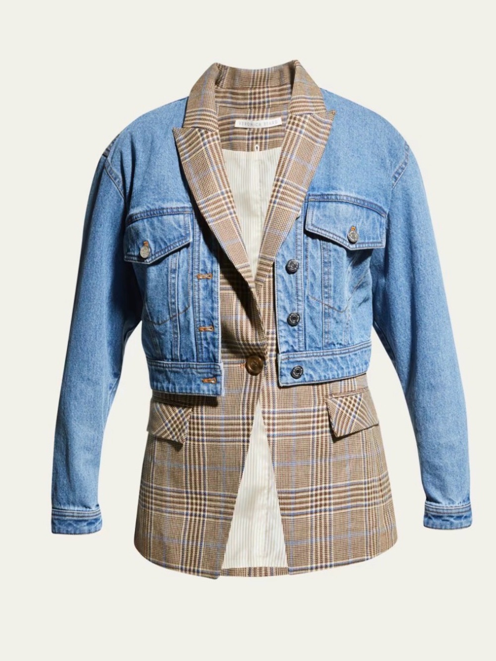 Veronica Beard Light Blue Denim and Brown Plaid Mixed-Media Jacket